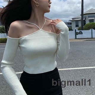 Bigmall- เสื้อท็อปเปิดไหล่แขนยาวสีพื้นสีขาว / สีดําสําหรับผู้หญิง