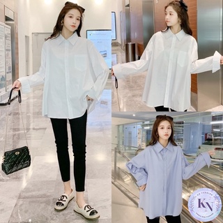 🎏Korea NEW เสื้อเชิ้ตแขนยาวทรงโอเวอร์ไซส์ ผ้าเครป 2 สีพื้น