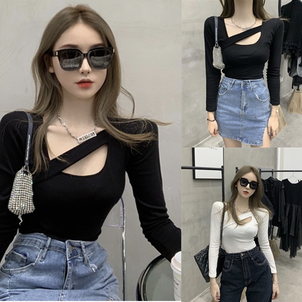 【WJZ】 เสื้อยืดแขนยาวกลวงเซ็กซี่แฟชั่นผู้หญิงสีทึบออกแบบ【6829】
