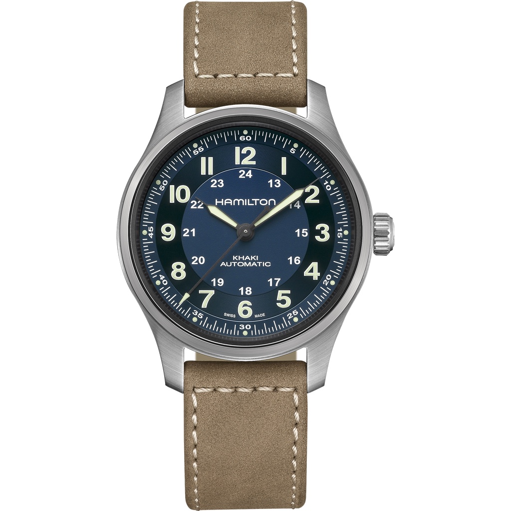 (ประกันศูนย์ไทย 2 ปี) Hamilton Khaki Field Titanium Automatic 42mm H70545540 หน้าปัดน้ำเงิน สายหนัง