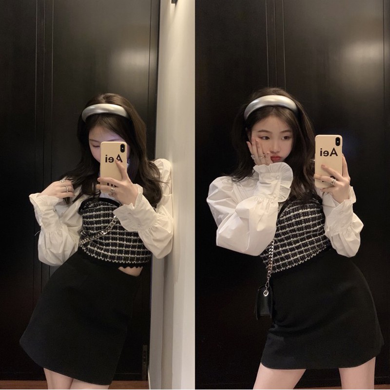 เสื้อเชิ้ตแขนยาว แขนพอง ขนาดเล็ก ออกแบบดี สองชิ้น แฟชั่นฤดูใบไม้ผลิ และ ...
