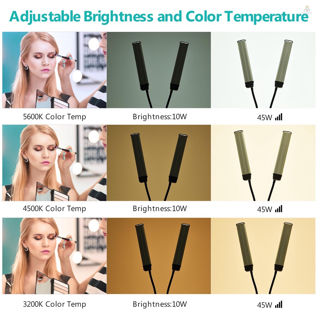 (พร้อมส่ง) ไฟเติมแสง Led 3200K-4500K-5600K แขนคู่ ยืดหยุ่น 45W หรี่แสงได้ 3 โหมด พร้อมที่วางโทรศัพท์ สําหรับถ่ายภาพ ถ่ายทอดสด วีล็อก แต่งหน้