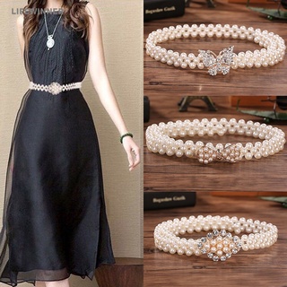 Women Rhinestone Pearl Belt Chain/Acrylic Elastic Buckle Alloy Slim Waist/Ladies Hook For Leisure Wear Jeans Dress