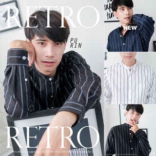 Purinmens Retro เสื้อเชิ้ตผ้าคอตตอนผสมลินินคอจีน ลายทาง สีขาว สีดำ สีกรม ดีไซน์เรียบง่าย แมทชง่ายกับกางเกงสแล็ค และยีนส์