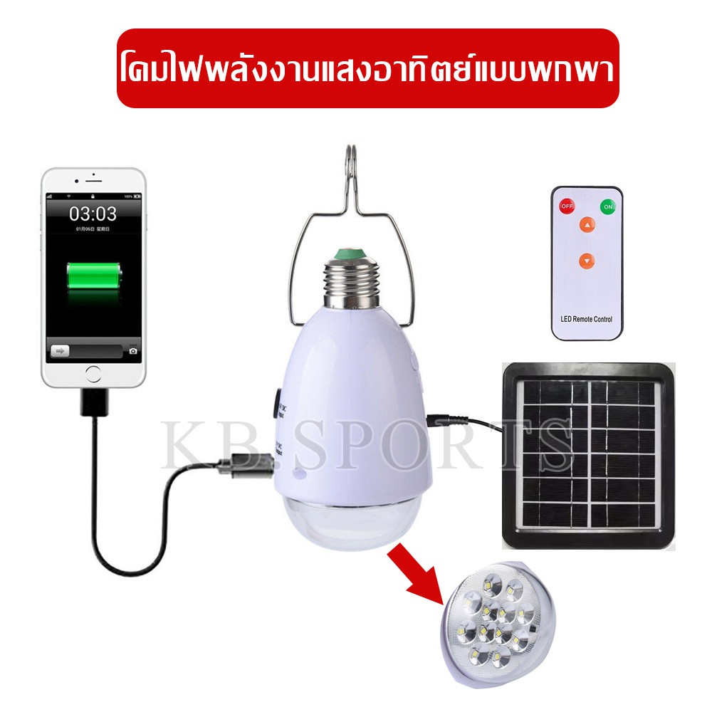 หลอดไฟพกพา โคมไฟพลังงานแสงอาทิตย์ LED 12 ดวง + รีโมท แบบพกพาสำหรับตั้งแคมป์ รุ่น DU-12R