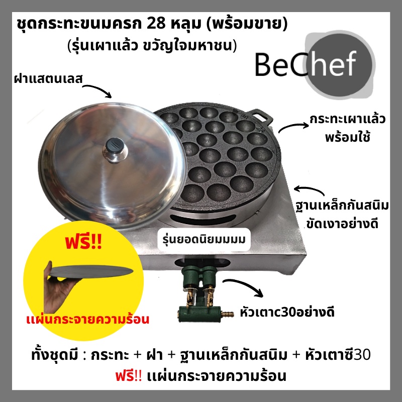 เซ็ตกระทะขนมครกพร้อมหัวเตา​ ฟรี!! แผ่นกระจายความร้อน เบ้าขนมครก​  กระทะขนมครกมาพร้อมฝา​แสตนเลส​