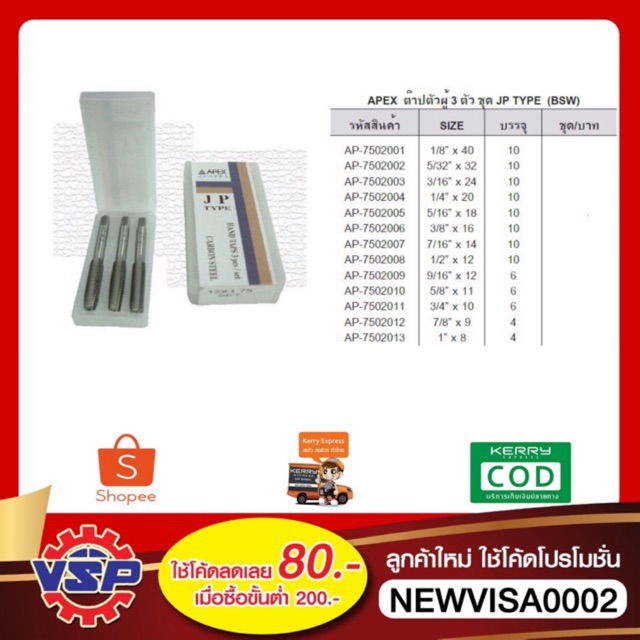 ดอกต๊าปเกลียว ดอกตร๊าป APEX เกลียวหุน ขนาด 1/8'' - 5/8''