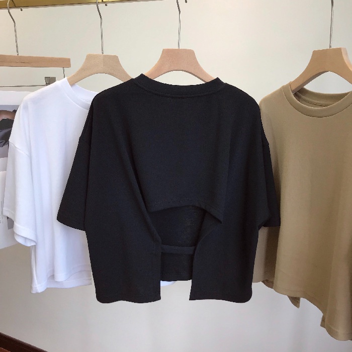【WJZ】เสื้อยืดแขนสั้นเปิดหลังเซ็กซี่สไตล์เกาหลีแฟชั่นสำหรับผู้หญิง【9904】