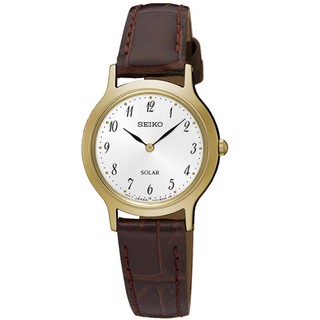 SEIKO Solar นาฬิกาข้อมือผู้หญิงเรือนทอง สายหนังแท้สีน้ำตาล รุ่น SUP370P1 - สีทอง