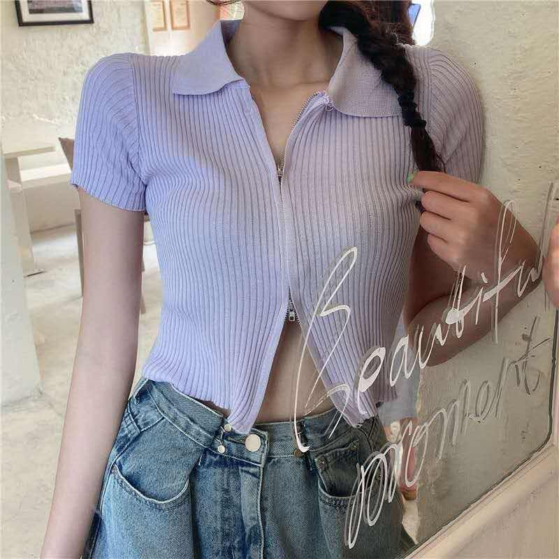 Aone(พร้อมส่ง/ใหม่)#5930เสื้อคอปกแขนสั้นไหมพรมเเต่งซิ๊บ​หน้ารูดได้จริง​ - รูปที่ 3