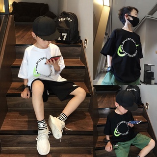 💡Mykids💡&lt;T-SHIRT&gt;2021 ใหม่เด็กต่างประเทศพิมพ์ตัวอักษรสีทึบเสื้อเด็กญี่ปุ่นเสื้อยืดแขนสั้นtrend