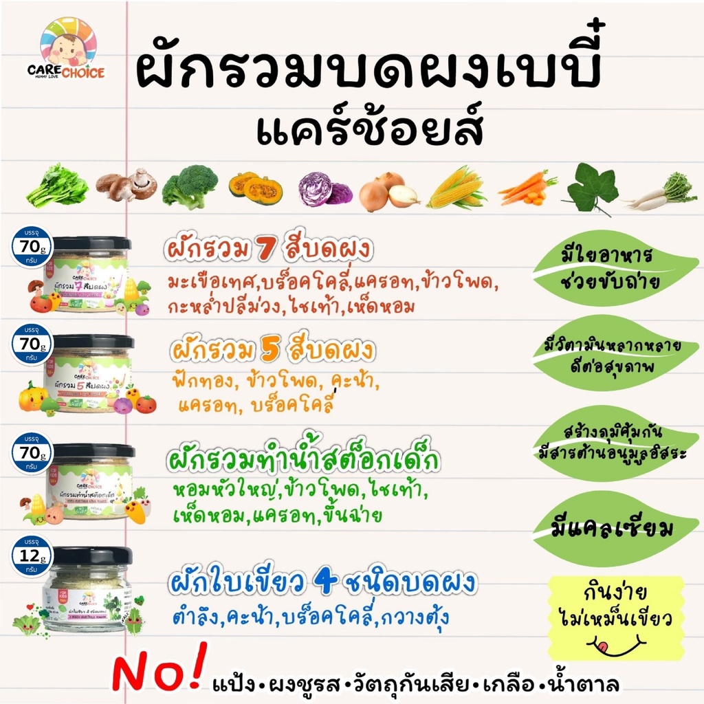 C999 ผักรวมและผักสีต่างๆบดผง 13 ชนิดแคร์ช้อยส์  สุกพร้อมทาน สูตรธรรมชาติ ผักบดผง อาหารเสริมสำหรับเด็ก อาหารเด็ก