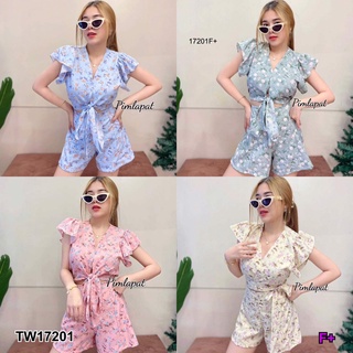 TwinsShopVip💗พร้อมส่ง TW17201 set 2 ชิ้น เสื้อไหล่ระบายผูกโบว?หน้าลายดอก + กางเกงขาสั้นลายดอก