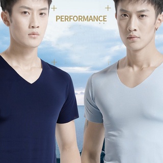 เสื้อยืดผ้าไหมเย็นไร่รอยต่อสำหรับผู้ชาย เสื้อยืดรัดคอV อากาศร้อนๆ ใส่เล่นกีฬา ใส่ซับใน ไม่ต้องกลัวเหงื่อท่วมSC5259