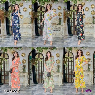 &lt;TW14517&gt;Jumpsuit จั๊มสูทขายาว อกไขว้ แขนสั้น ซิปหลังยาว เชือกผูกเอว เนื้อผ้าไหมญี่ปุ่นลายดอก เนื้อสวย ซับในทั้งตัว