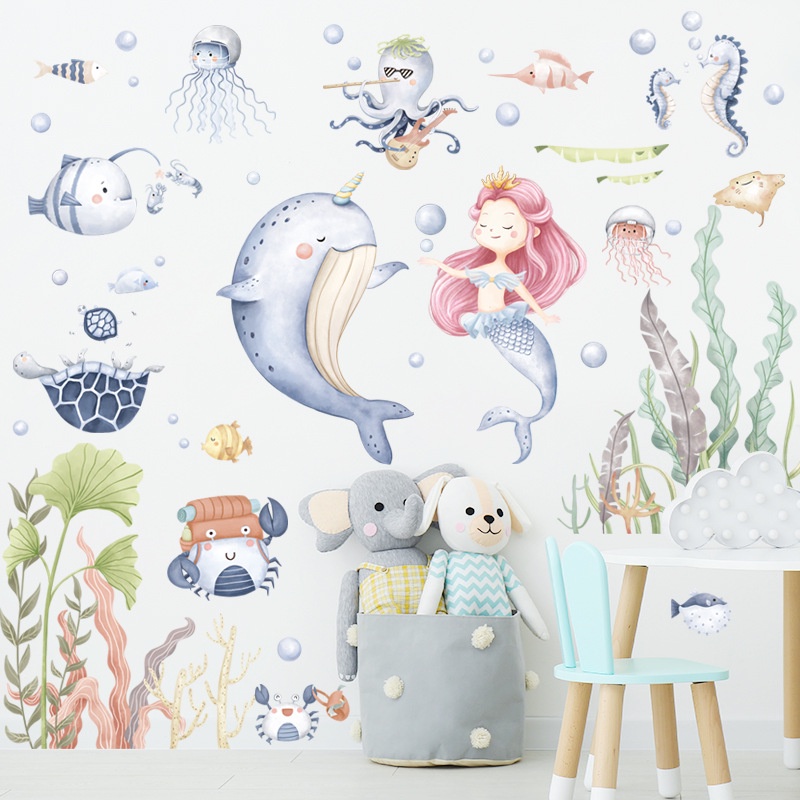【wuxiang】สติกเกอร์ติดผนัง ลายปลาโลมา นางเงือก หญ้าน้ํา สําหรับตกแต่ง