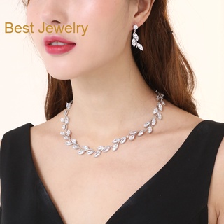 Best Jewelryเซ็ตสร้อยคอ/ต่างหู แบบเพชร CZ เกรด 8A Cubic Zirconia Leaf ต่างหูสร้อยคอชุดสำหรับงานแต่งงานเจ้าสาวชุดแต่งงาน