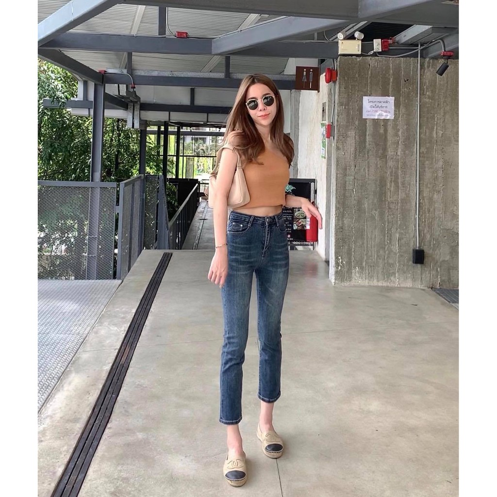 1809-1 กางเกงยีนส์กระบอกเล็กสีเข้ม กางเกงยีนส์เอวสูง ผ้ายืดเยอะ งานนำเข้าป้ายแท้ xoxo