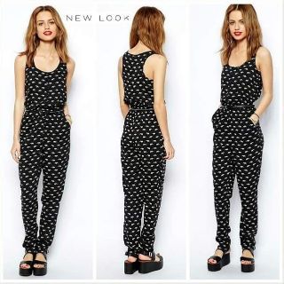 New Look : Black Print Elephant Long Jumpsuit