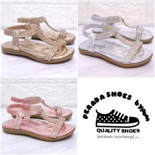 รองเท้ารัดส้นเด็กหน้าเพชร(3348-0019) สีชมพู เงิน ทอง ไซส์ 26-30