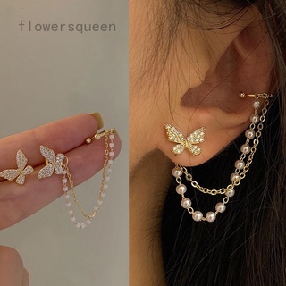 flowersqueen ต่างหูห่วงโซ่โลหะรูปผีเสื้อ Rhinestone แฟชั่นสําหรับผู้หญิง