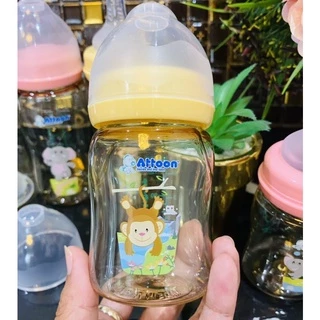 Newขวดนมคอกว้างสีชาATTOON 4zo.8zo.มาพร้อม จุกนมคุมการไหลมาตราฐานด้วยปริมาณรูป้องกันการเกิดโคลิค