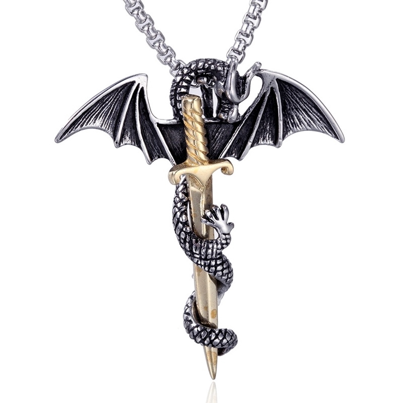 Men's Fashion Retro Tribal Gothic Pterosaur Stegosaurus Cross Pendant Necklace