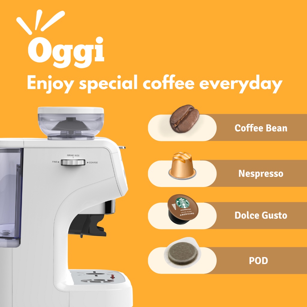 เครื่องชงกาแฟแคปซูลอัตโนมัติ Oggi รุ่น GB2 all-in-one มาพร้อมที่บดเมล็ดกาแฟ ใช้แคปซูล Nespresso, Dolce Gusto, POD และกาแ