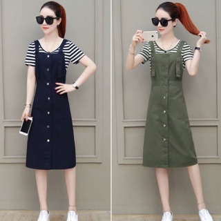 Fashion Set เสื้อคอกลมแขนสั้นลายริ้ว ผ้ายืดเนื้อนิ่ม มาคู่กระโปรงเอี๊ยม