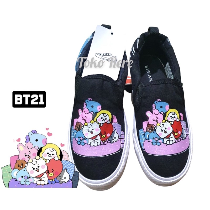 Hitam Rere SHOP CHILDREN& 39;S SLIP ON SHOES CARTOON CHARACTERS BT21 BTS. รองเท้า SCHOOL สีดําสําหรั