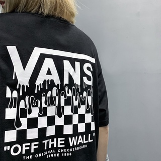 เสื้อยืดผ้าฝ้ายพิมพ์ลายขายดี   สีกรมท่า 【Vansss】Vans Wansi เสื้อยืดแขนสั้นลําลองเนื้อผ้าฝ้ายลายตารางหมากรุกขนาดใหญ่สําหร