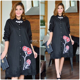 สีดำ** รอบอก 44" D&amp;G 3D Rose Embroider with Premium Cotton ShirtDress