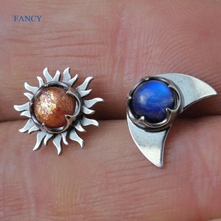 Fancy โบฮีเมียน ดวงอาทิตย์ และดวงจันทร์ ต่างหู สีเงิน หินมูนสโตน ต่างหูสตั๊ด สําหรับผู้หญิง โบโฮ ปาร์ตี้ แฟชั่น เครื่องประดับ ของขวัญ