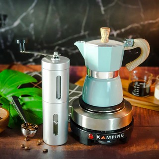 (สีเขียว) ชุดกาต้มกาแฟ 3 คัพ + เตามินิ 500w+เครื่อบดเมล็ดกาแฟ พกพา (หม้อต้มกาแฟสด แบบหนา  หม้ออลูมิเนียม พร้อม เตา)