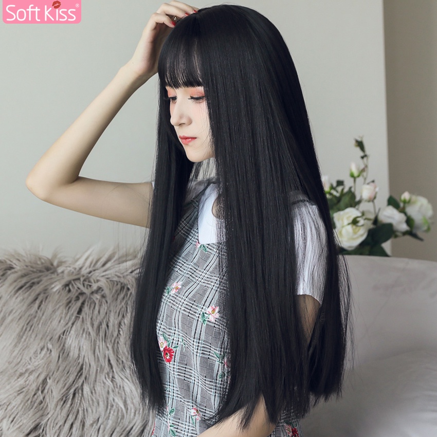 Softkiss วิกผมยาวผู้หญิง วิกผมยาวตรง มีหน้าม้า วิกผมปลอม สไตล์เกาหลี ฟรีตาข่ายคลุมผม