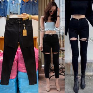 JH1691#สกินนี่ยีนส์สีดำกรีดขาด มีS-XL #jeans house