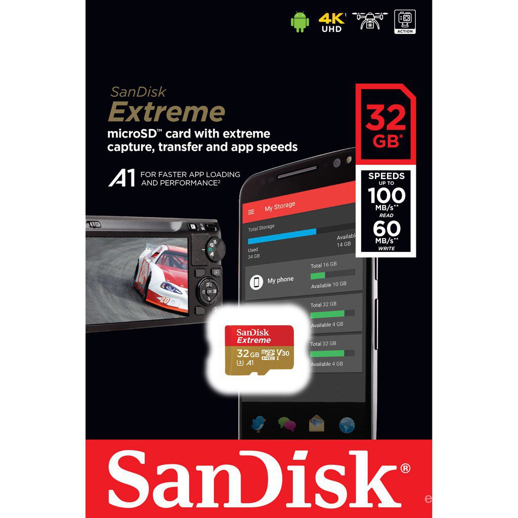 SanDisk Extreme เมมโมรี่การ์ดของแท้ Micro SD Card 32GB ความเร็ว อ่าน 100MBs เขียน 60MBs (SDSQXAF-032G-GN6MA) qdEs