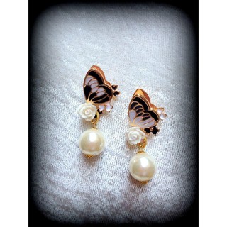 💎✨ ต่างหูวินเทจ Sweety Butterfly Pearl(ชมพู-ดำ)🎀💋