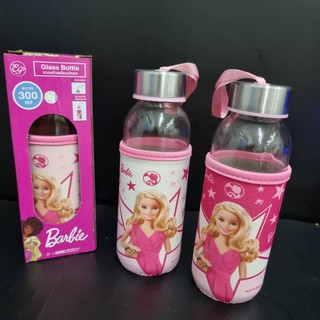 ขวดแก้วBarbie พร้อมปลอกมีฝาปิดพร้อมหูหิ้ว ขนาด 7 นิ้ว ความจุ 300 ml. ลายลิขสิทธิ์แท้ คละสี