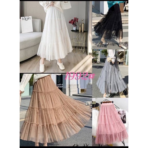 KIM กระโปรงยาว มุ้ง แต่งมุขสี มีซับ เอวสม็อก 26-40" ยาว33”