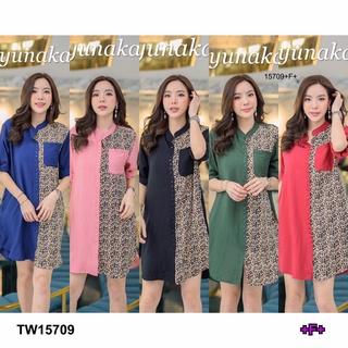 เดรสเชิ้ตแขนยาวคอจีน สีพื้นเรียบแต่งลายเสือ TT15709 Chinese collar long sleeve shirt dress Plain color with tiger patter