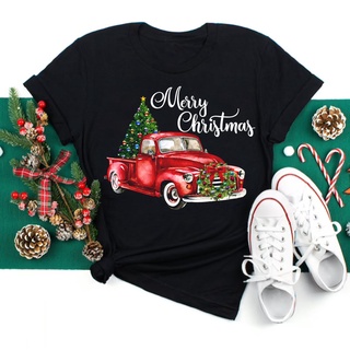 Merry Christmas Print T-shirts Truck Graphic Tops Fashion Female Tees O Neck Soft Loose Short Sleeves  Casual  xmas