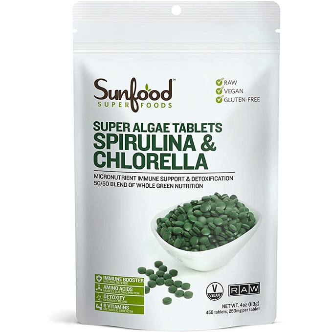Sunfood Raw Spirulina Chlorella Tablets นำเข้าจากอเมริกา 1 ถุง 450 เม็ด