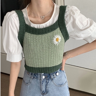 Fulllove พร​้​อ​มส่ง เสื้อกล้าม สายเดี่ยว ผ้ายืดใส่สบาย Daisy Embroidery Knit Camisole Tops 2021