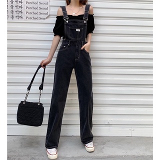 Many Jeans Overalls เอี๊ยมกางเกงยีนส์ขายาวสีดำเทาพร้อมส่ง