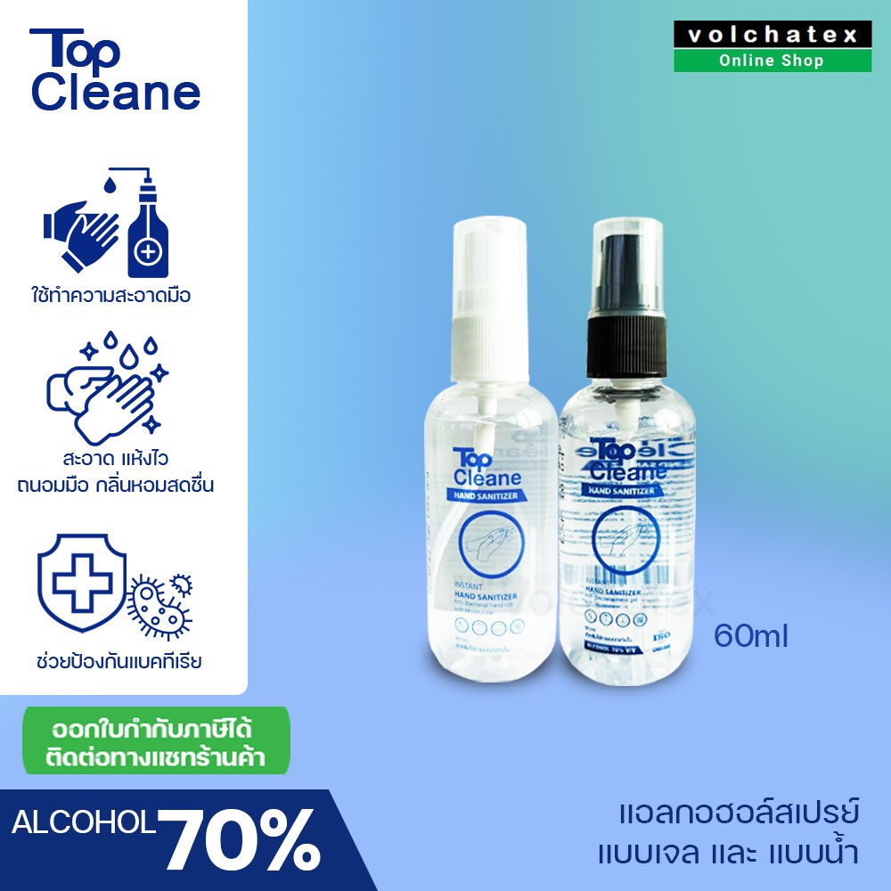 Top Cleane Hand Sanitizer Hand rub 60ml. สเปรย์ล้างมือ ทำความสะอาด สเปรย์แอลกอฮอล์อชนิดน้ำ ชนิดเจล ไม่ใช้น้ำ Alcohol 70%