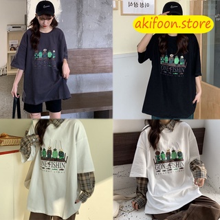 AKIFOON 🌷พร้อมส่ง🌷เสื้อแฟชั่นผญ แฟชั่นสไตร์เกาหลี เสื้อผ้าสาวอวบ เสื้อคู่ วินเทจ ผ้ายืดนิ่มเสื้อยืสวยๆ เสื้อยืดพิมพ์ลาย