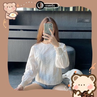 cc🧸MM0203เสื้อคอกลมแต่งขอบลูกไม้ ผ้าฉลุลายสวย ปลายแขนสมอค