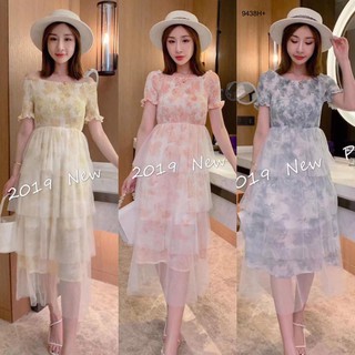 J9438 Dress เดรสปิดไหล่แต่งระบายมุ้ง