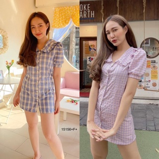 MM15156 เดรสแขนตุ๊กตากระดุมผ่าหน้าลายสก็อต Doll sleeve dress with button front slit in plaid pattern